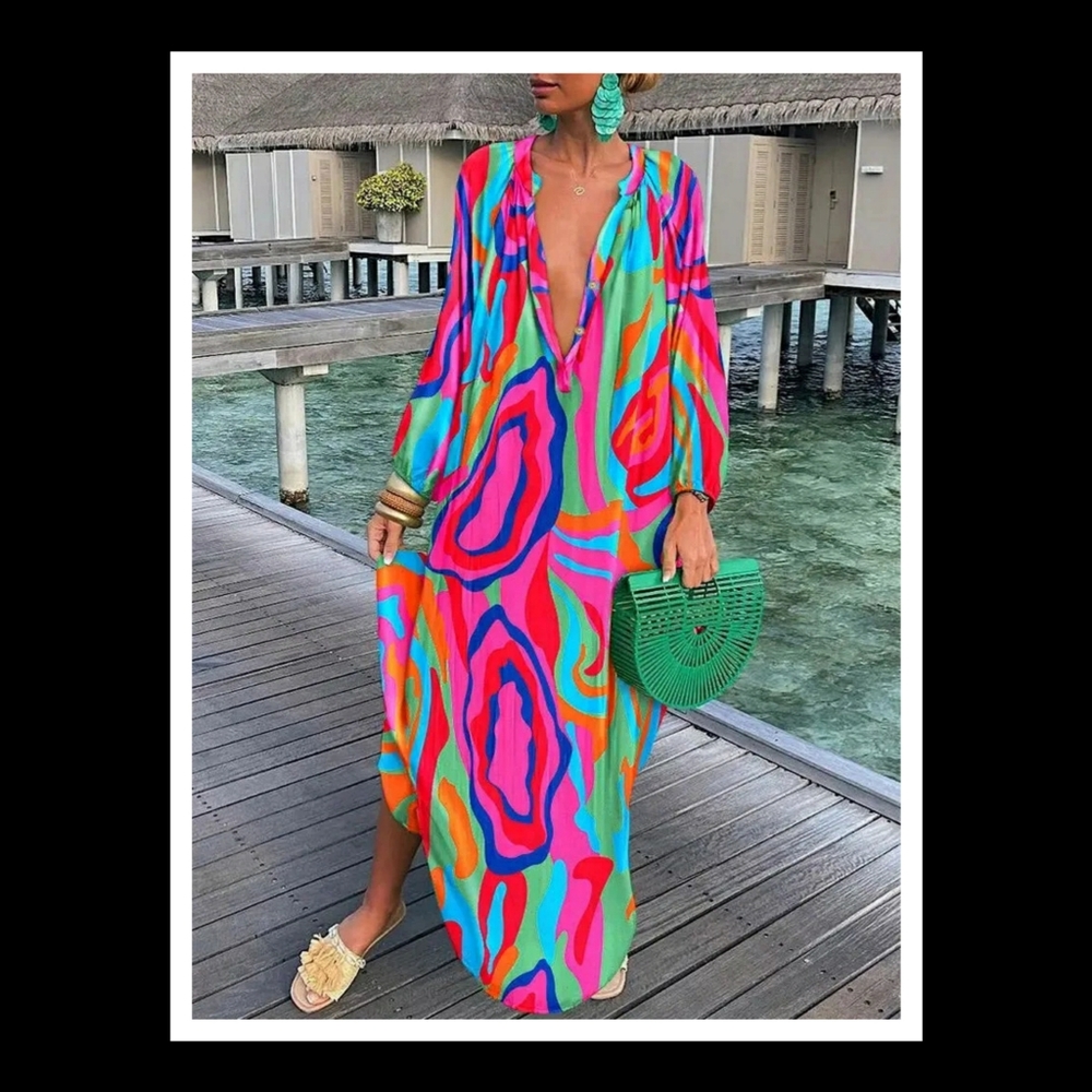 💋BOHO PRINT DEEP V LONG SLEEVE SUN COVERUP!!!